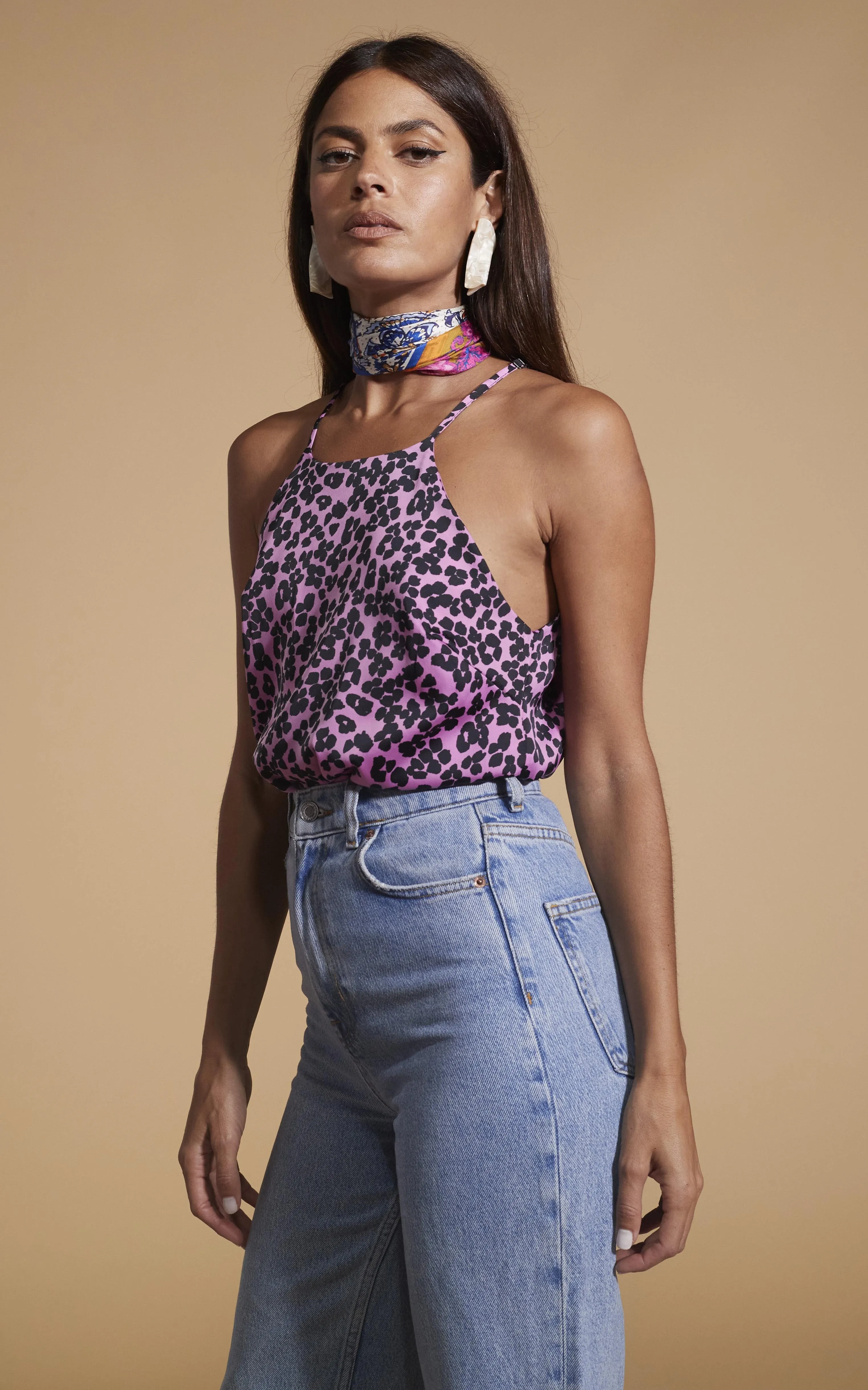 Nina Halter Cami Top In Black On Pink Leopard