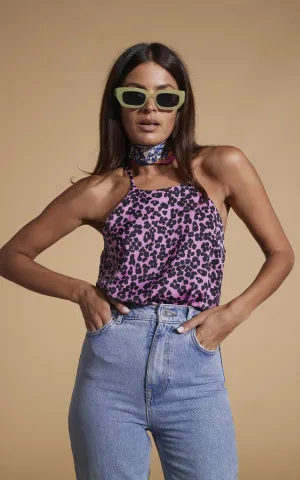 Nina Halter Cami Top In Black On Pink Leopard