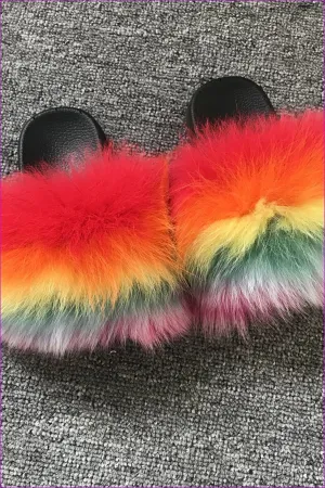 Rainbow Color Kids Fox Fur Sliders F003