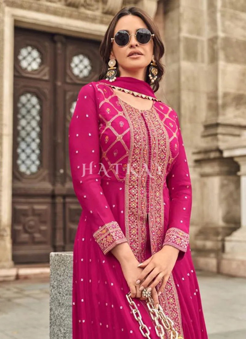 Rani Pink Embroidered Slit Style Palazzo Suit