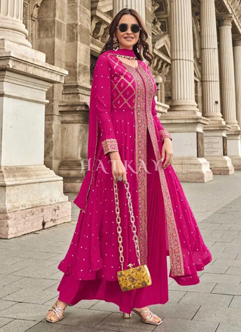 Rani Pink Embroidered Slit Style Palazzo Suit