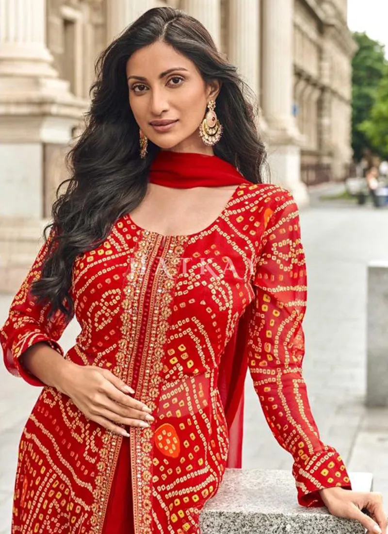 Red Embroidered Slit Style Palazzo Suit