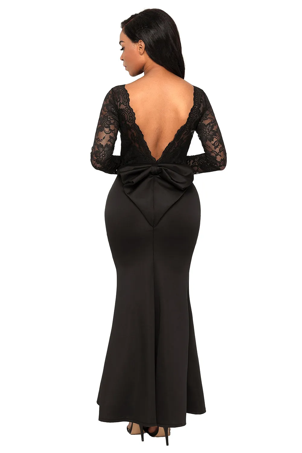 Sexy Black Lace Long Sleeve Bow Back Maxi Dress