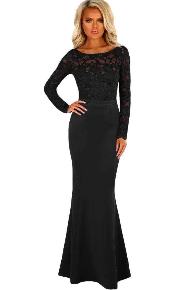 Sexy Black Lace Long Sleeve Bow Back Maxi Dress