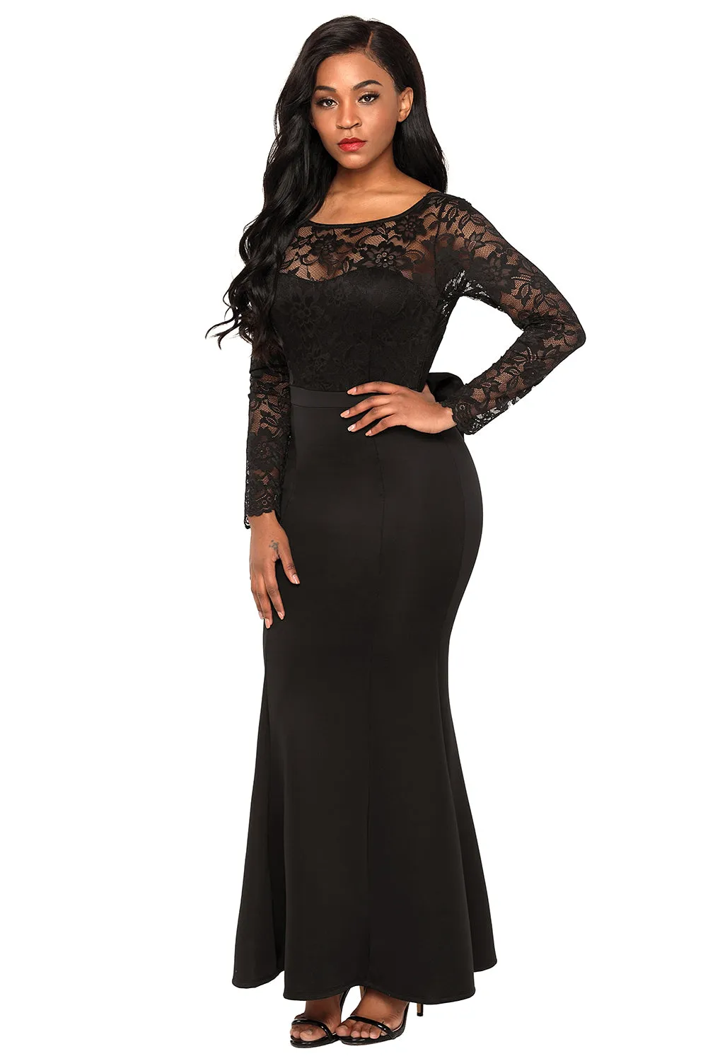 Sexy Black Lace Long Sleeve Bow Back Maxi Dress