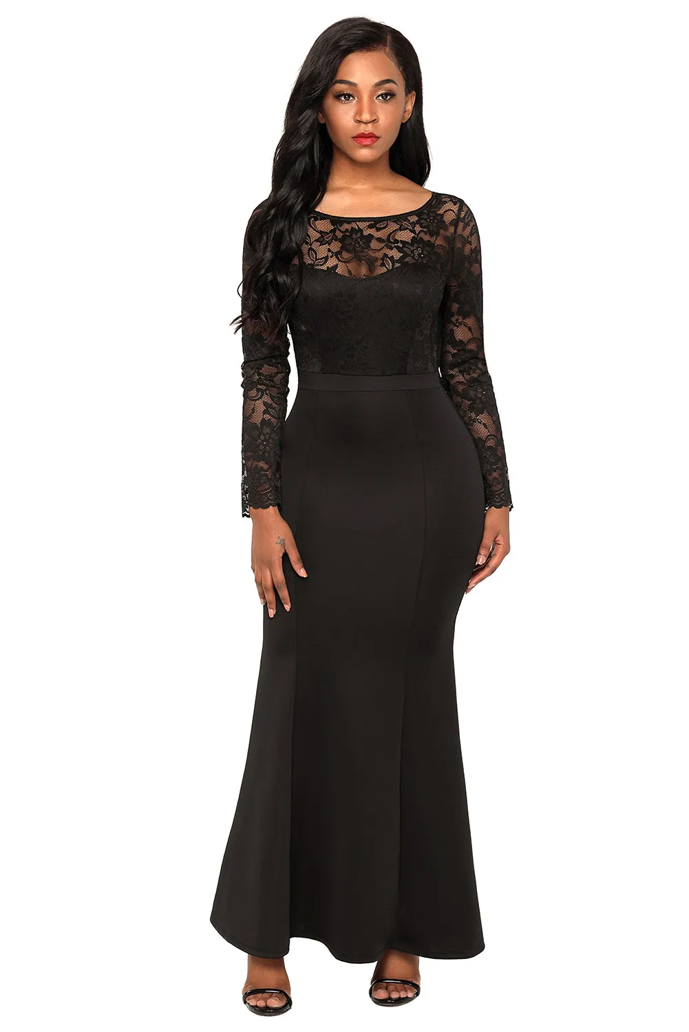 Sexy Black Lace Long Sleeve Bow Back Maxi Dress