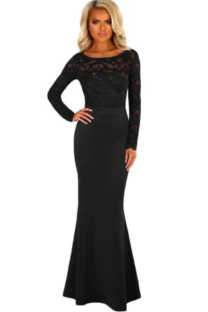 Sexy Black Lace Long Sleeve Bow Back Maxi Dress