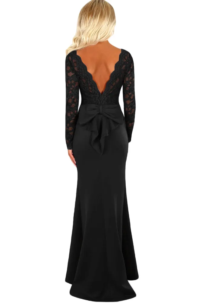 Sexy Black Lace Long Sleeve Bow Back Maxi Dress