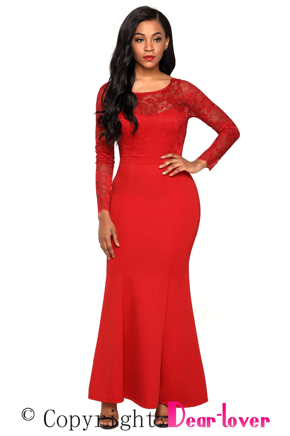 Sexy Red Lace Long Sleeve Bow Back Maxi Dress