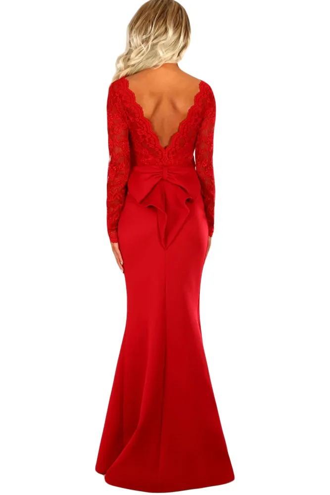 Sexy Red Lace Long Sleeve Bow Back Maxi Dress
