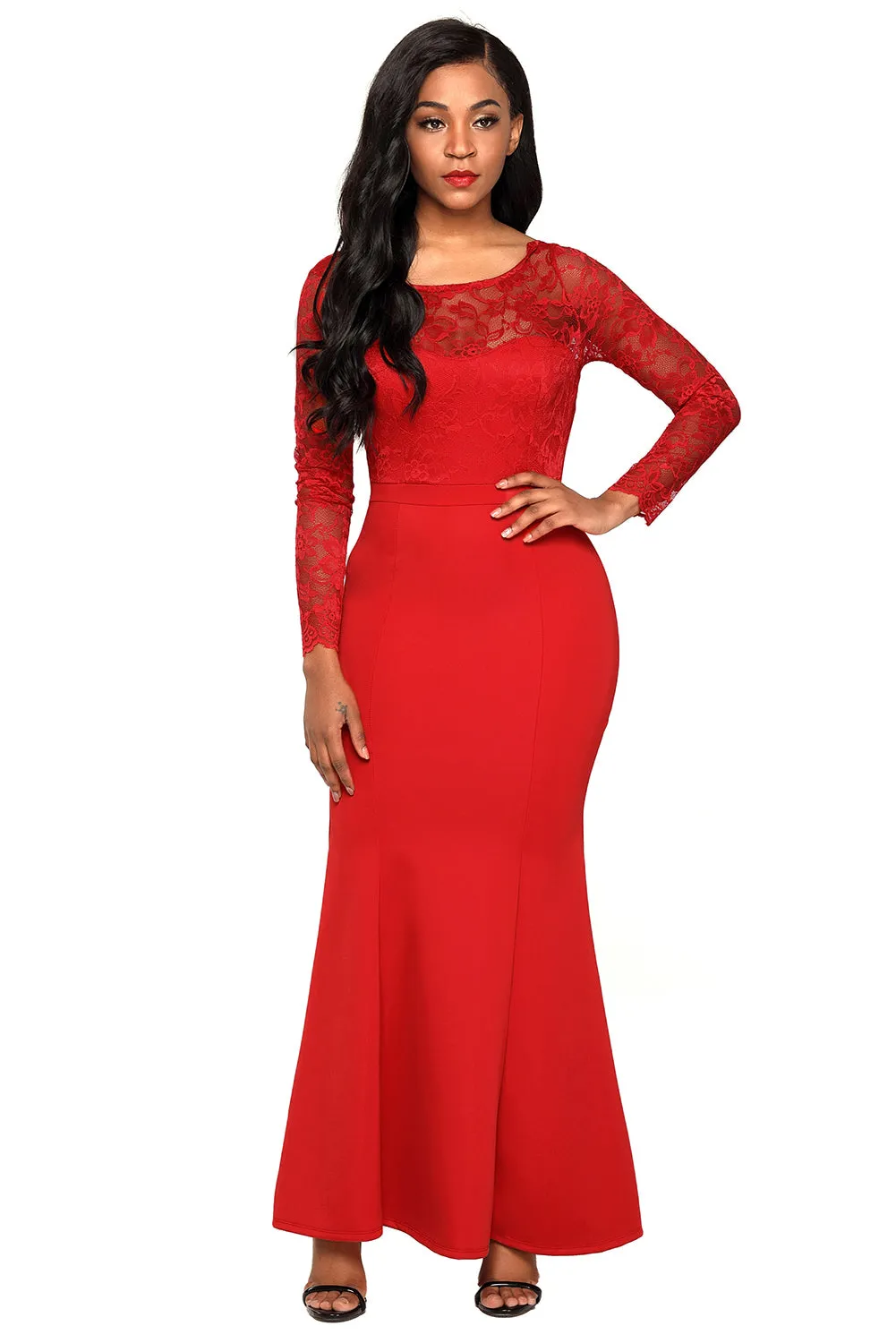 Sexy Red Lace Long Sleeve Bow Back Maxi Dress