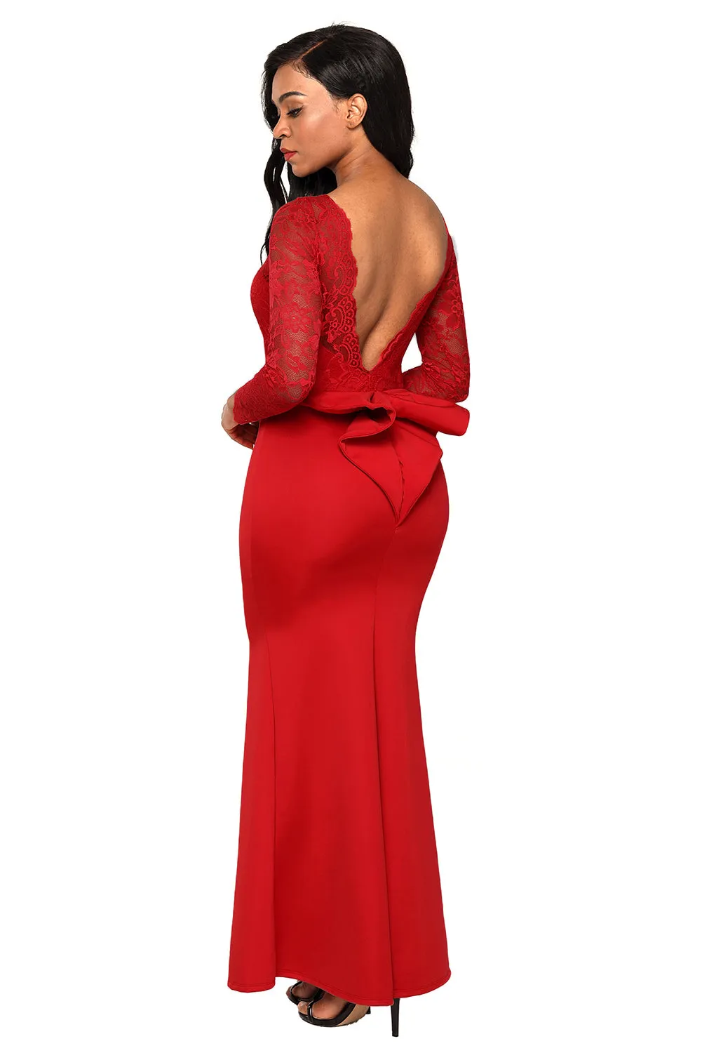 Sexy Red Lace Long Sleeve Bow Back Maxi Dress