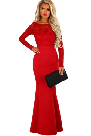 Sexy Red Lace Long Sleeve Bow Back Maxi Dress