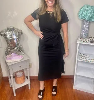 Short Sleeve Bias Cut Side Tie Midi Dress