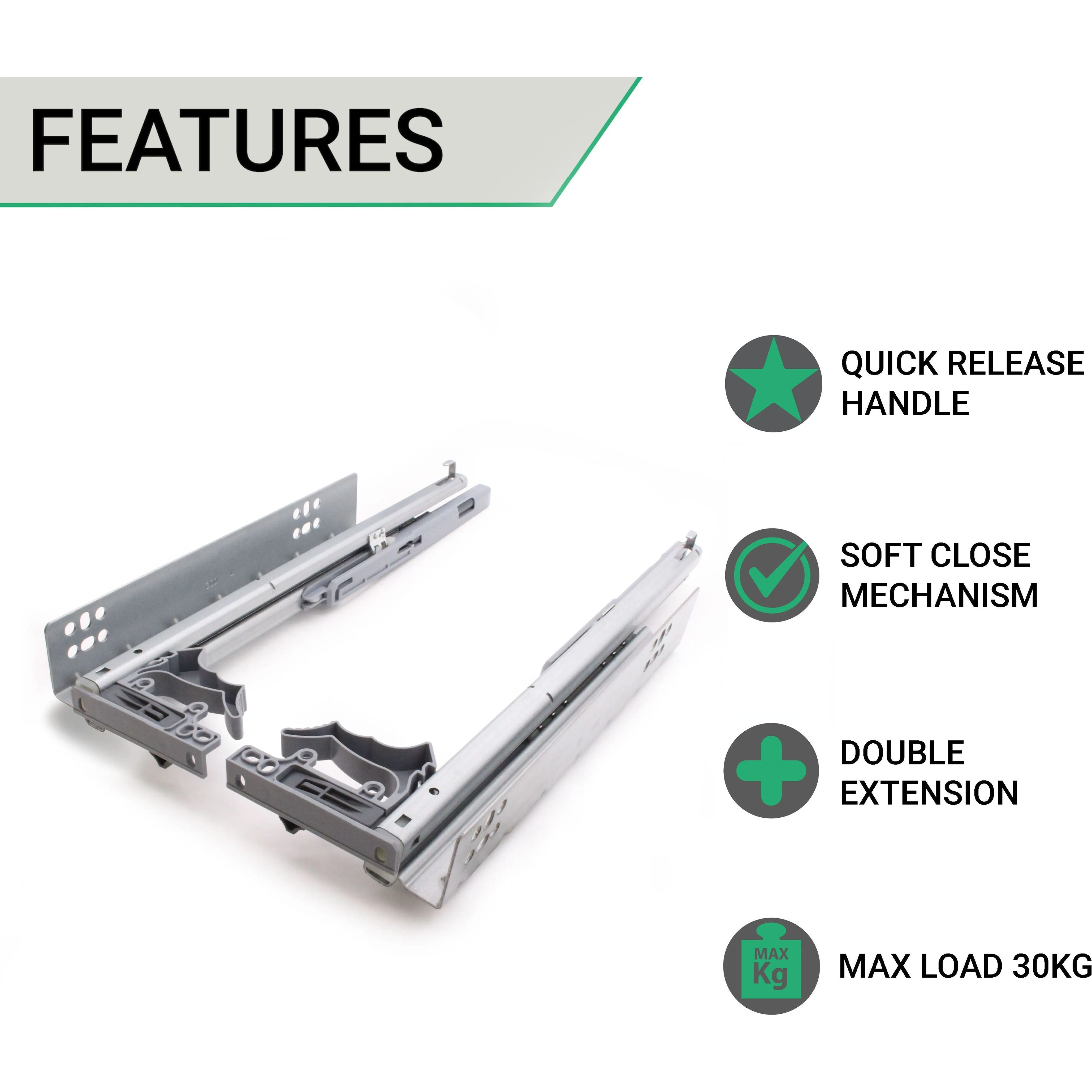 Soft Close Concealed Undermount Drawer Runners Double Extension 30kg Max 250mm