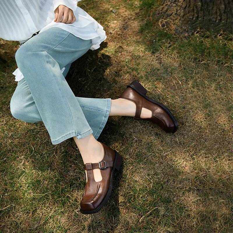 Soft Leather T-strap Mary Jane Shoes For Women Round Toe in Black/Brown