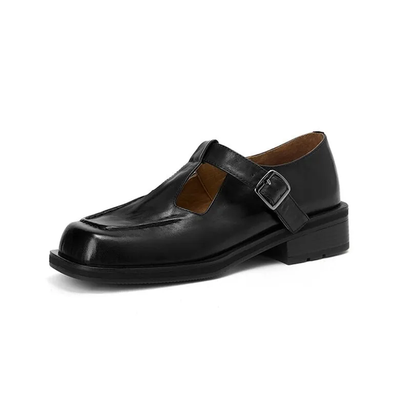Soft Leather T-strap Mary Jane Shoes For Women Round Toe in Black/Brown