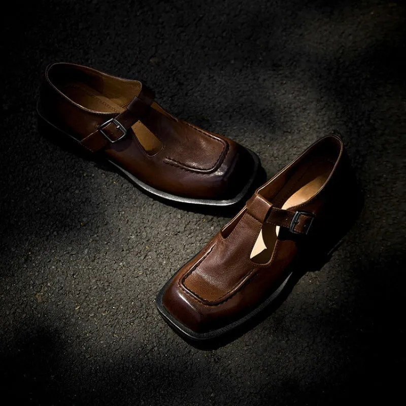 Soft Leather T-strap Mary Jane Shoes For Women Round Toe in Black/Brown
