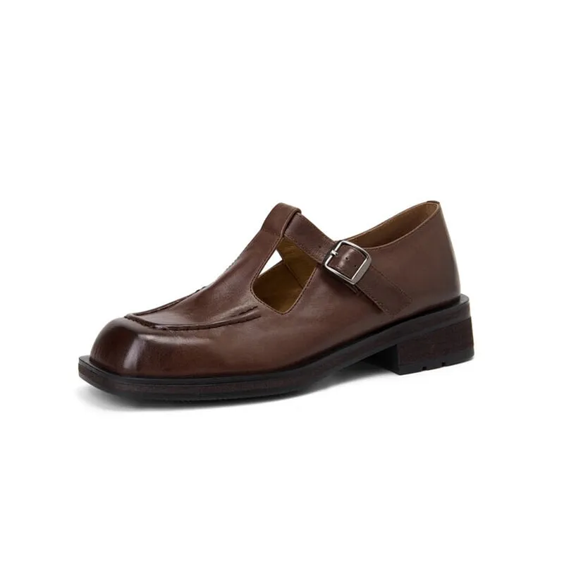 Soft Leather T-strap Mary Jane Shoes For Women Round Toe in Black/Brown