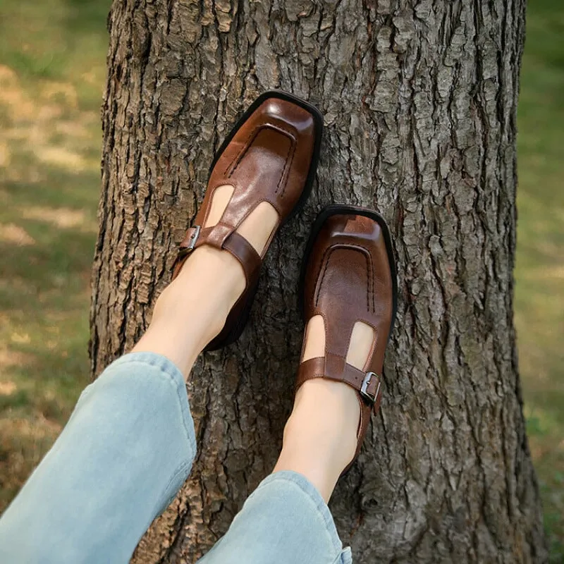Soft Leather T-strap Mary Jane Shoes For Women Round Toe in Black/Brown
