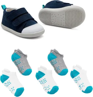 Ten Little First Walker Kids Shoes & Ankle Socks Bundle for Baby & Toddler Boys & Girls, Navy Blue Shoe Size 5, Ankle Socks with Non-Skid Grips 5 Pk