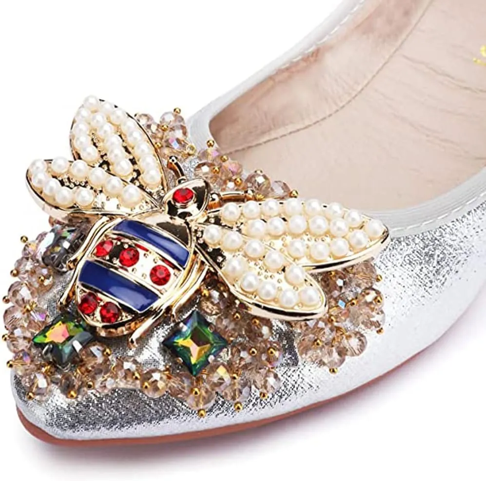 Women Ballet Flats Rhinestone Wedding Ballerina Shoes Foldable Sparkly Comfort Slip on Flat Shoes