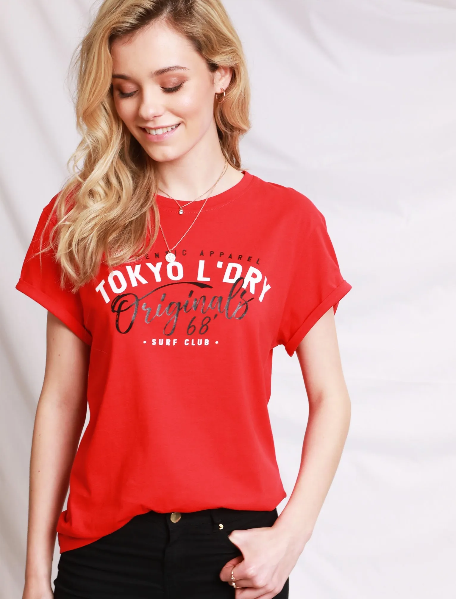 Womens Cotton T-Shirt with Turn-Up Sleeves In Lollipop Red - Tokyo Laundry