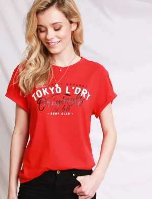 Womens Cotton T-Shirt with Turn-Up Sleeves In Lollipop Red - Tokyo Laundry